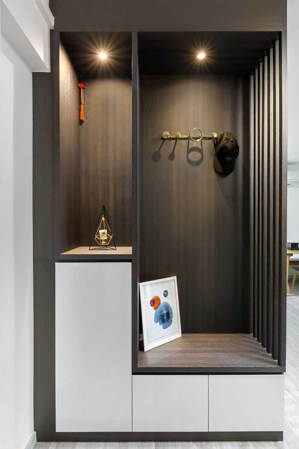 Minimalist Foyer with Shoe Rack and Display Cabinets