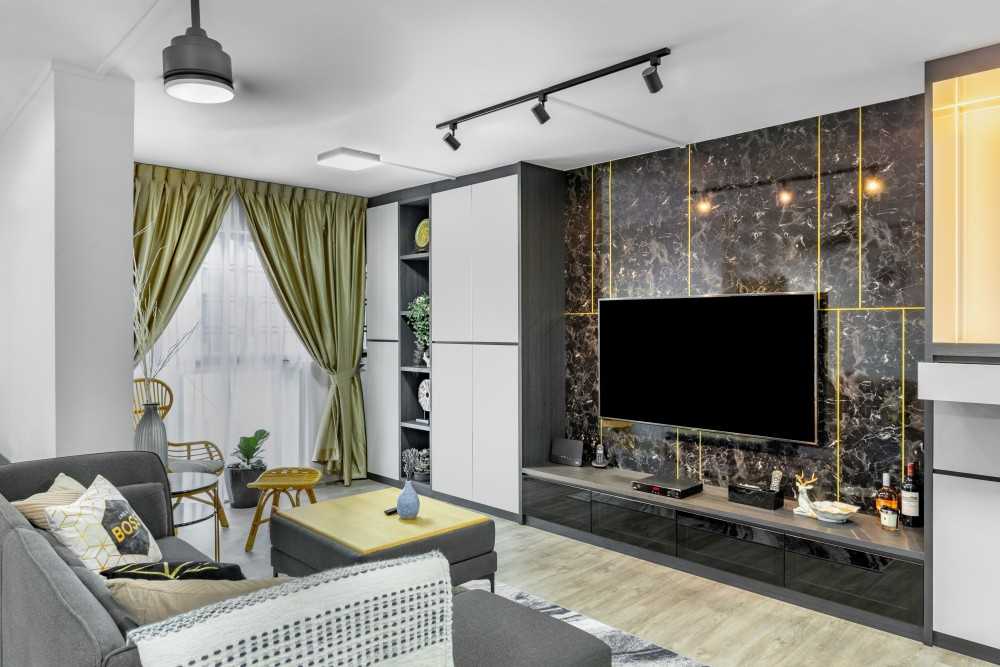 Minimalist Living Room with Bookshelf and Vinyl Flooring