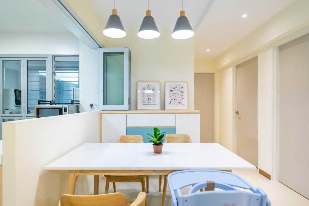 Scandinavian Dining Room with Ceiling Light and Dining Table