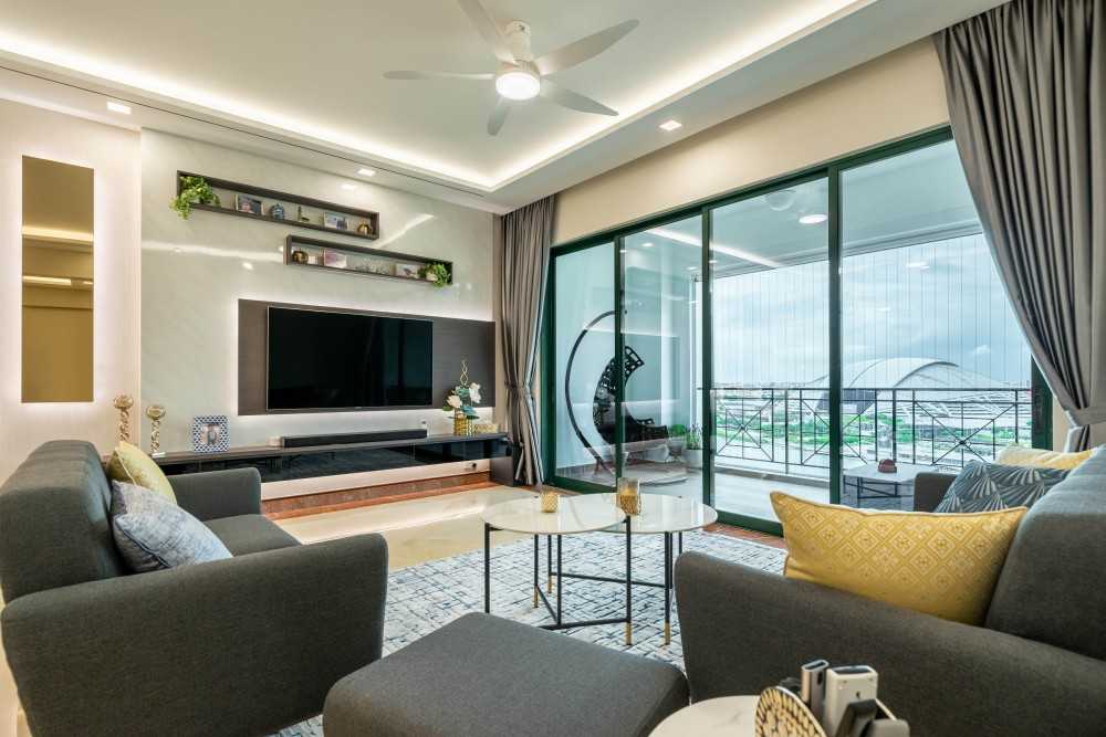 Contemporary Living Room with TV Console and Feature Wall