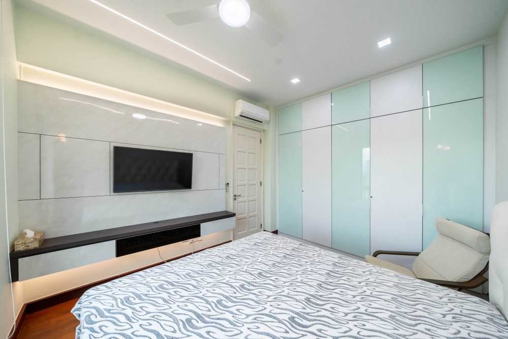 Contemporary Bedroom with TV Console and Drop Ceiling