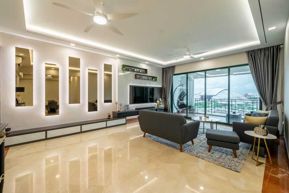 Contemporary Living Room with Feature Wall and Mirror