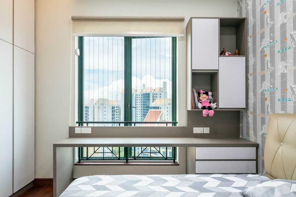 Contemporary Bedroom with Wallpaper and Storage Cabinets