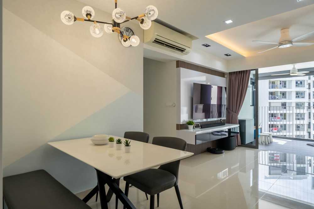 Contemporary Dining Room with Feature Wall and Drop Ceiling