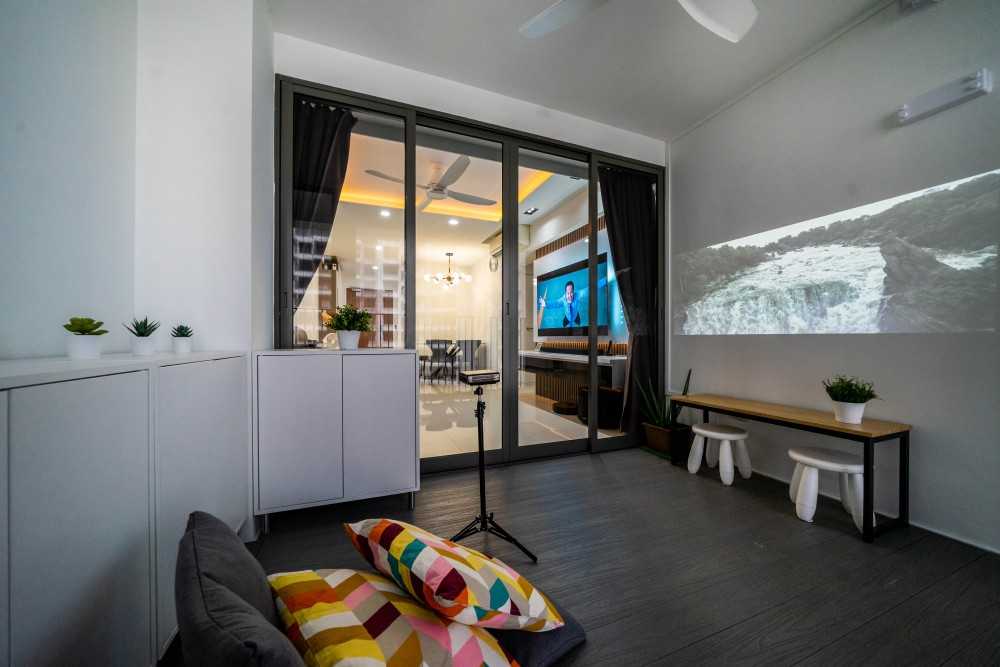 Contemporary Balcony with Window Grille and Curtain