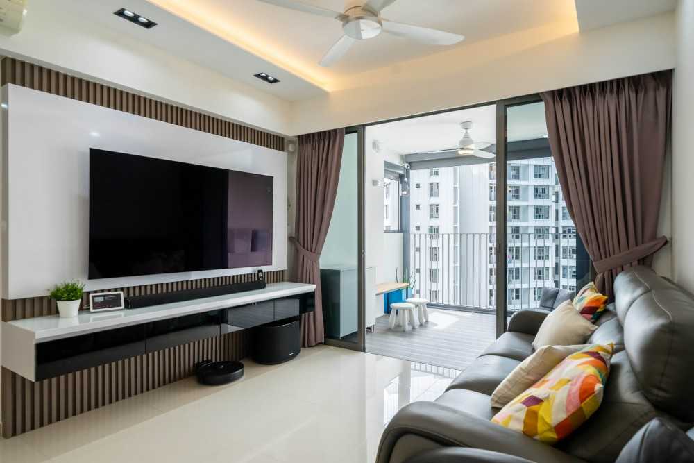 Contemporary Living Room with TV Console and Feature Wall