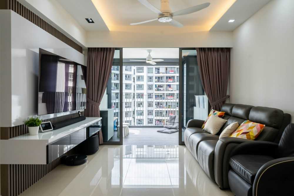 Contemporary Living Room with Homogeneous Tiles and Drop Light
