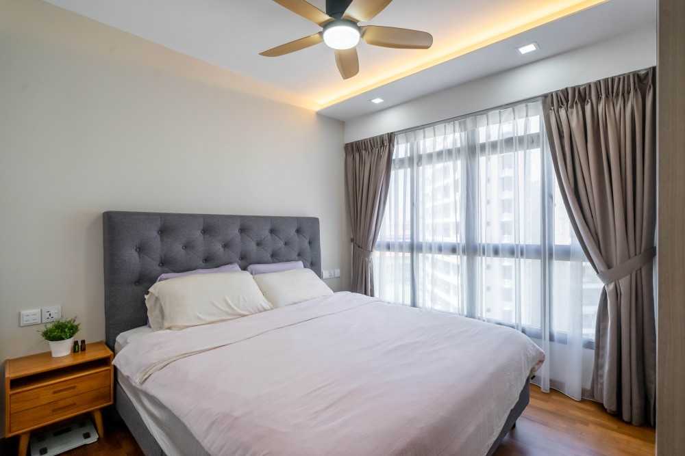 Contemporary Bedroom with Wood Flooring and Cove Lighting