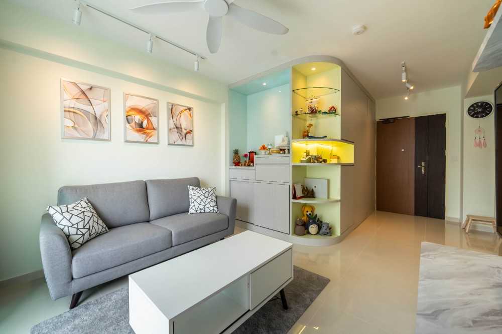 Contemporary Living Room with Homogeneous Tiles and TV Console