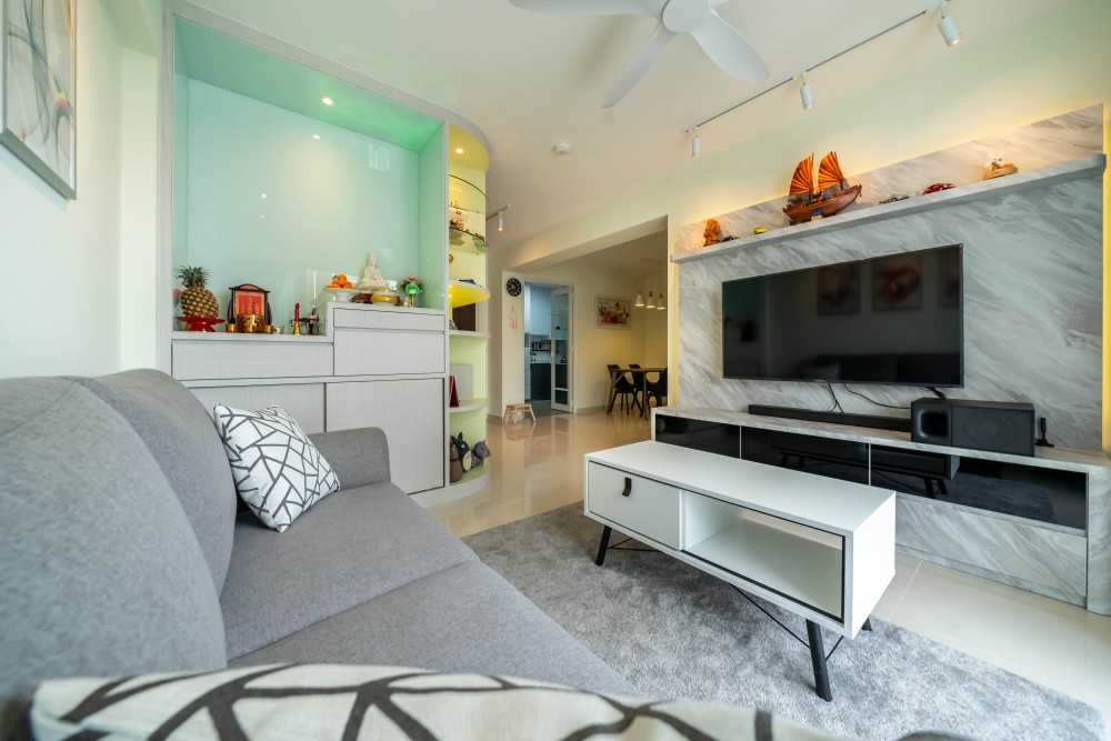 Contemporary Living Room with Homogeneous Tiles and TV Console