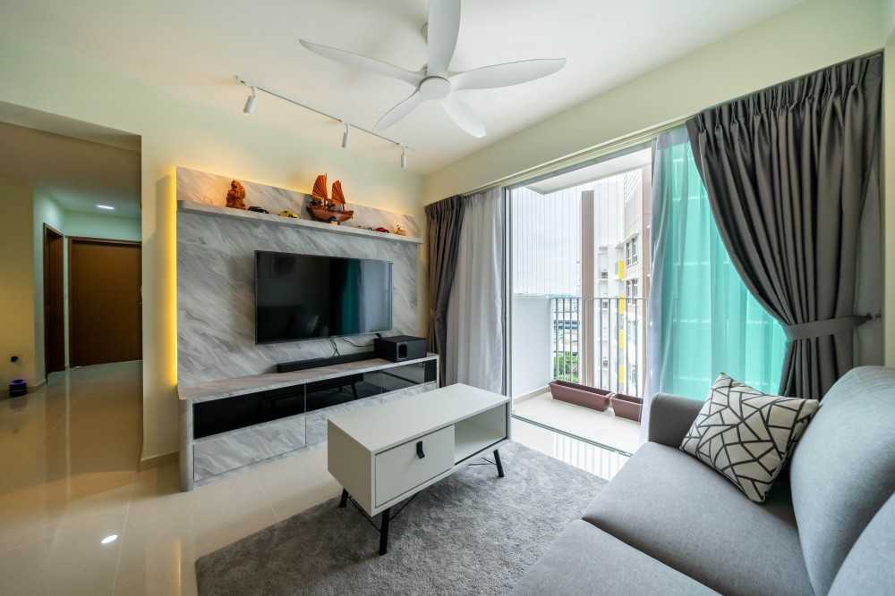 Contemporary Living Room with TV Console and Feature Wall