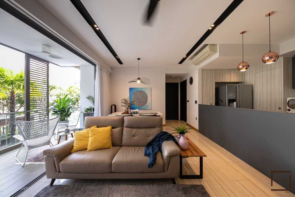 Contemporary Living Room with TV Console and Drop Light