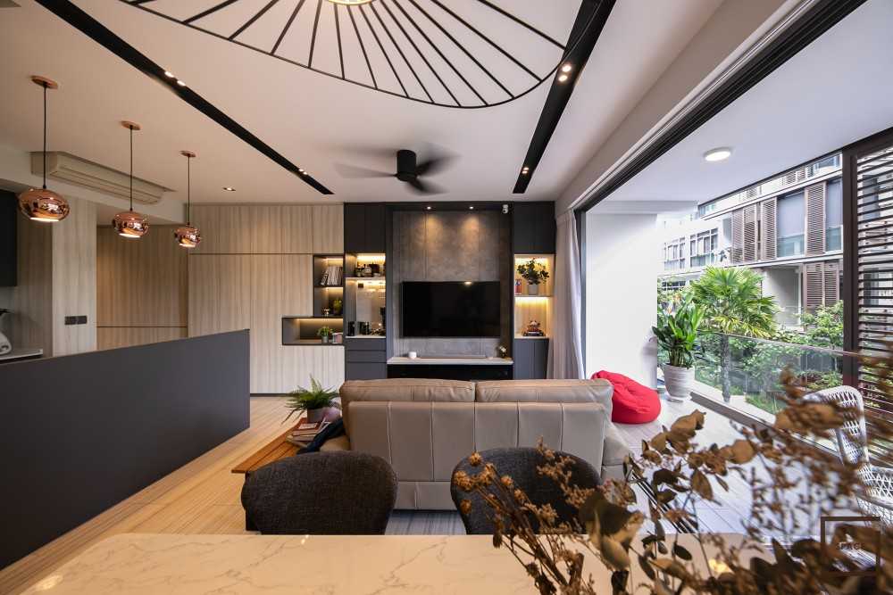 Contemporary Living Room with TV Console and Drop Ceiling