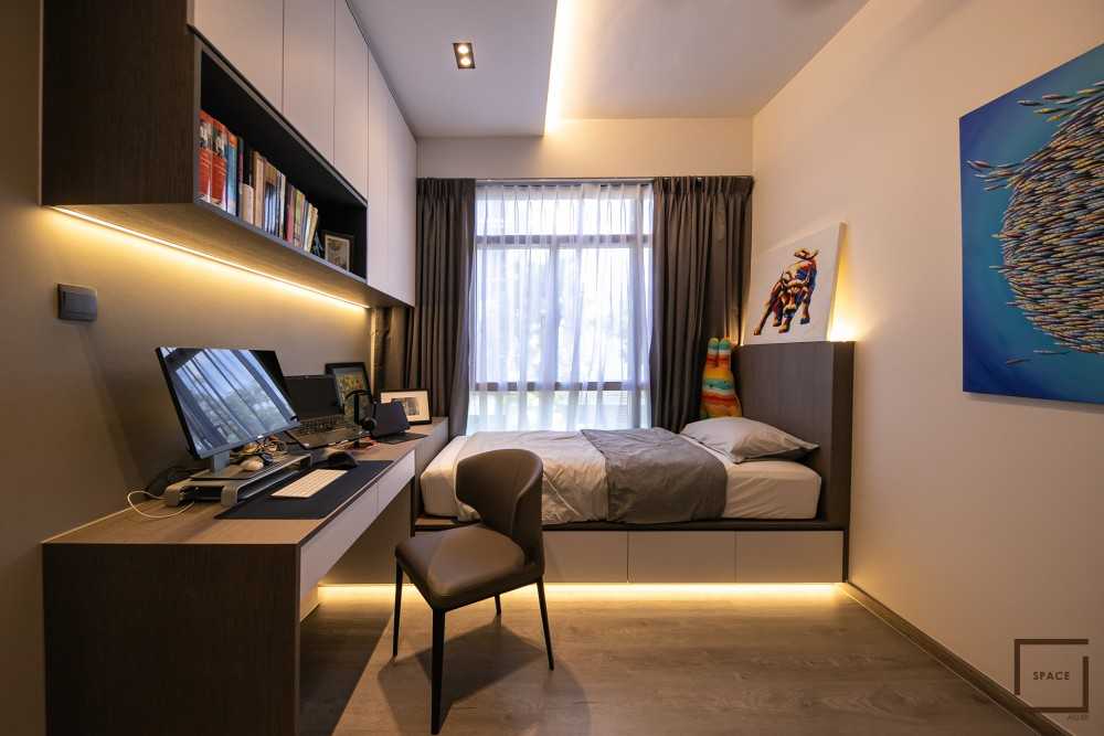 Contemporary Bedroom with Bookshelf and Vinyl Flooring