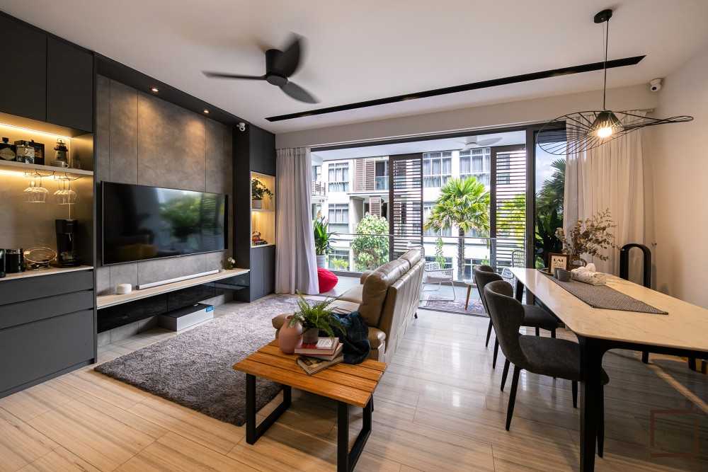 Contemporary Living Room with Homogeneous Tiles and TV Console