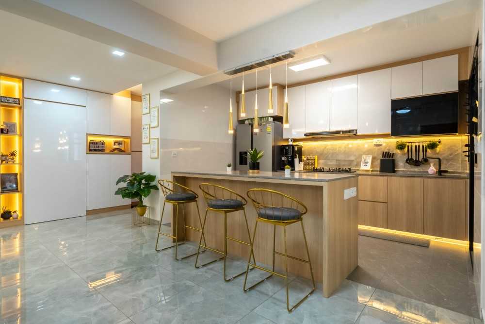 Scandinavian Kitchen with Marble Floor and Kitchen Island