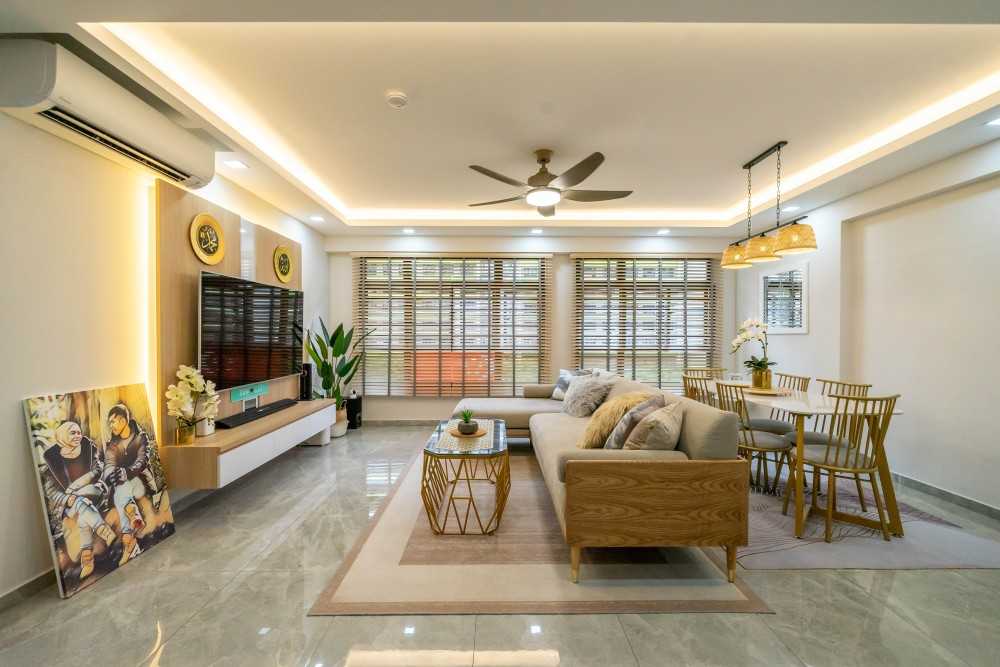 Scandinavian Living Room with Marble Floor and TV Console