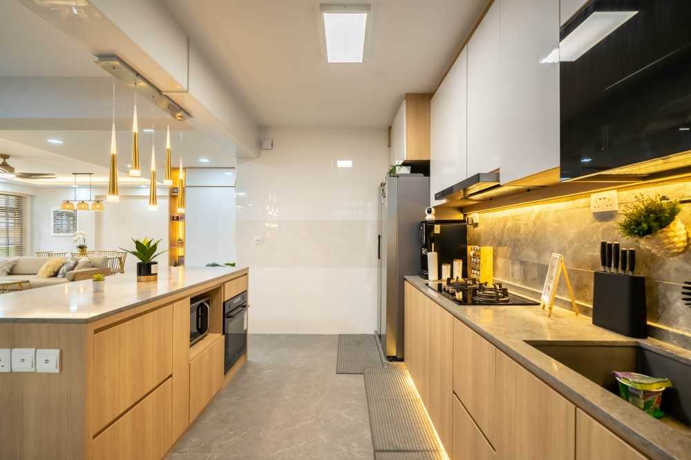 Scandinavian Kitchen with Countertop and Herringbone Tiling