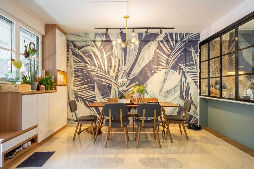 Scandinavian Dining Room with Chandelier and Dining Table
