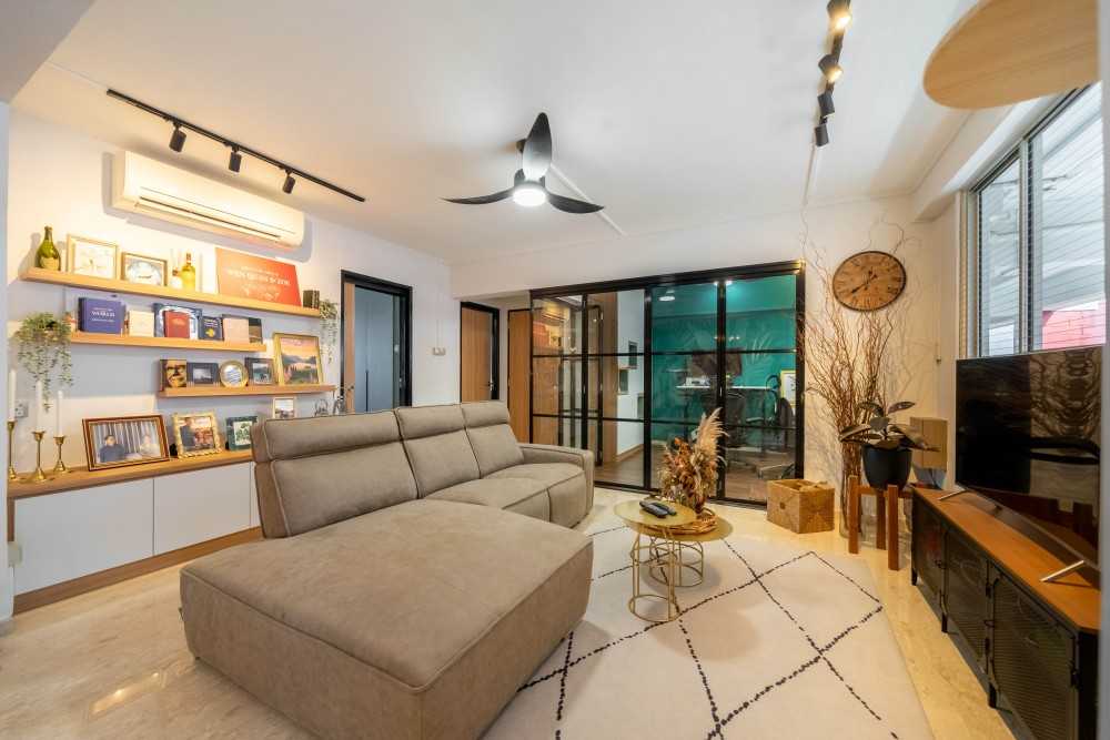 Scandinavian Living Room with Marble Floor and TV Console