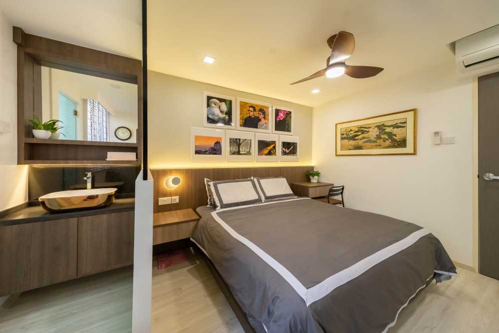 Scandinavian Bedroom with Mirror and Ceiling Light