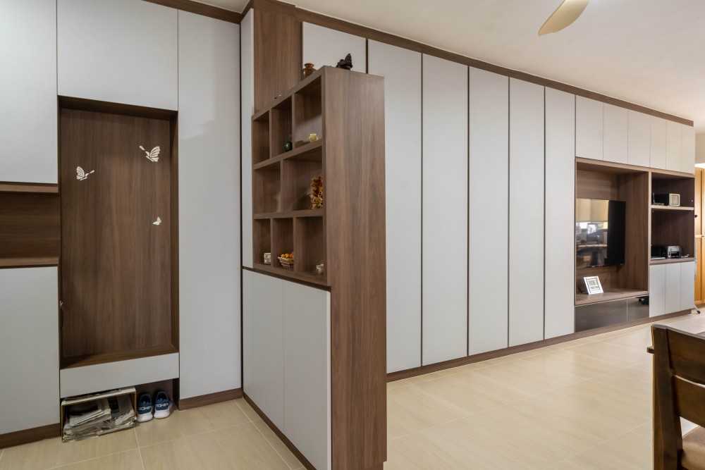 Contemporary Living Room with Homogeneous Tiles and TV Console