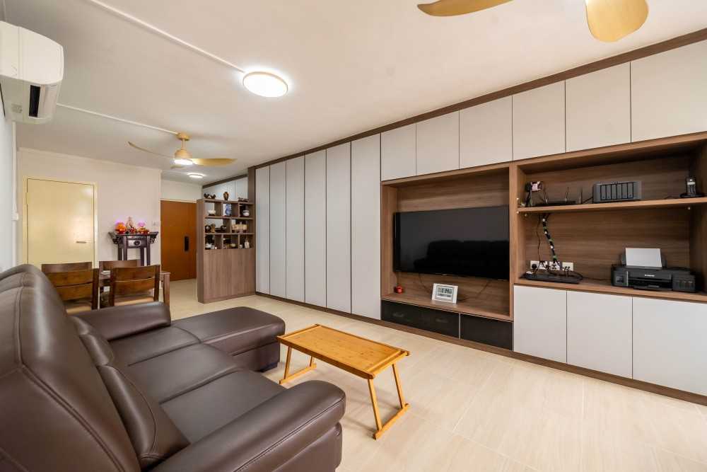 Contemporary Living Room with Homogeneous Tiles and TV Console