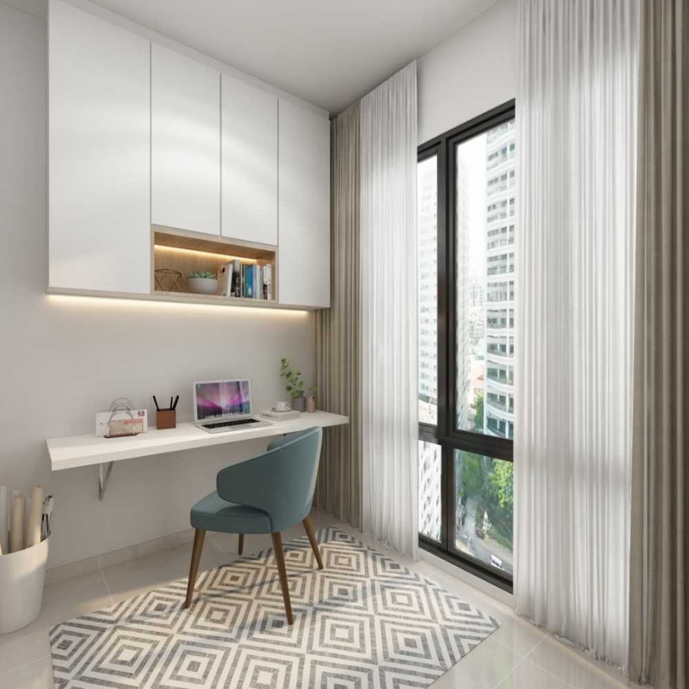 Contemporary Home Office with Wall Shelves and Shelving Units