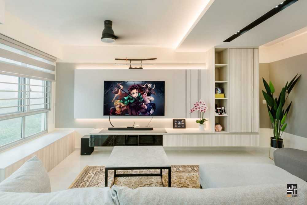 Contemporary Living Room with Homogeneous Tiles and Feature Wall