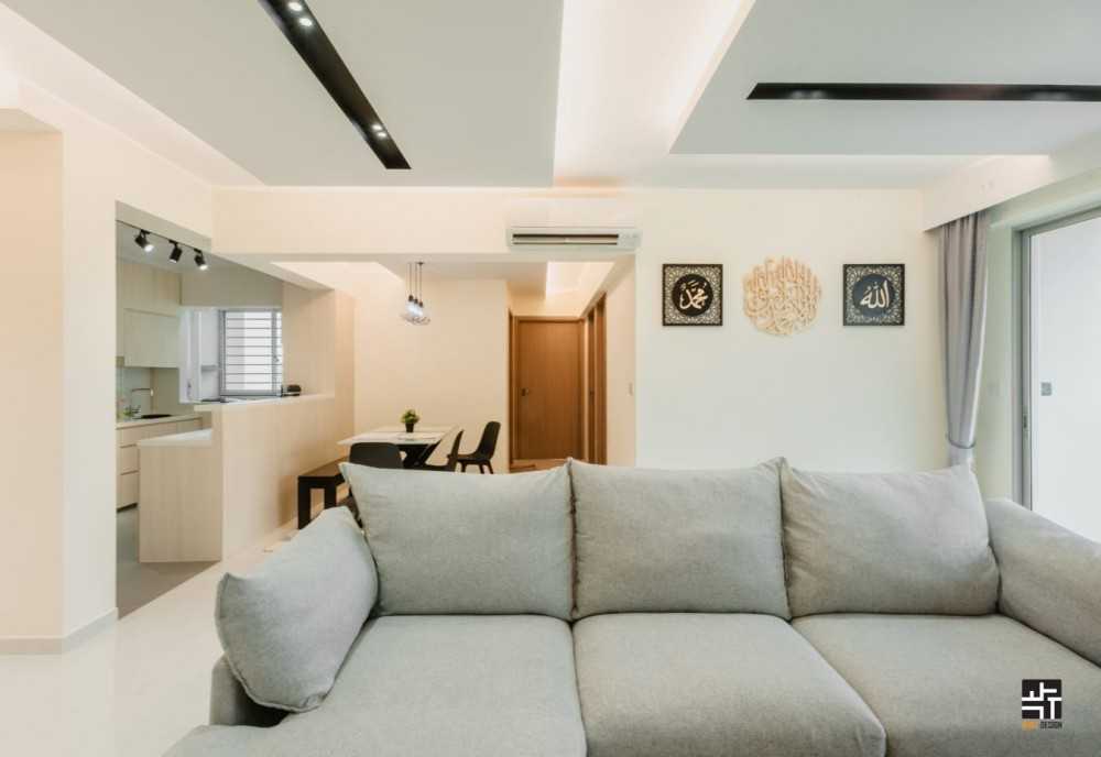 Contemporary Living Room with Homogeneous Tiles and Ceiling Light