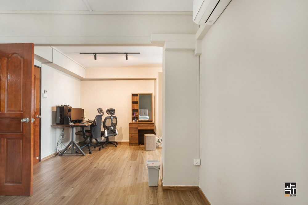Industrial Bedroom with Vinyl Flooring and Paintings