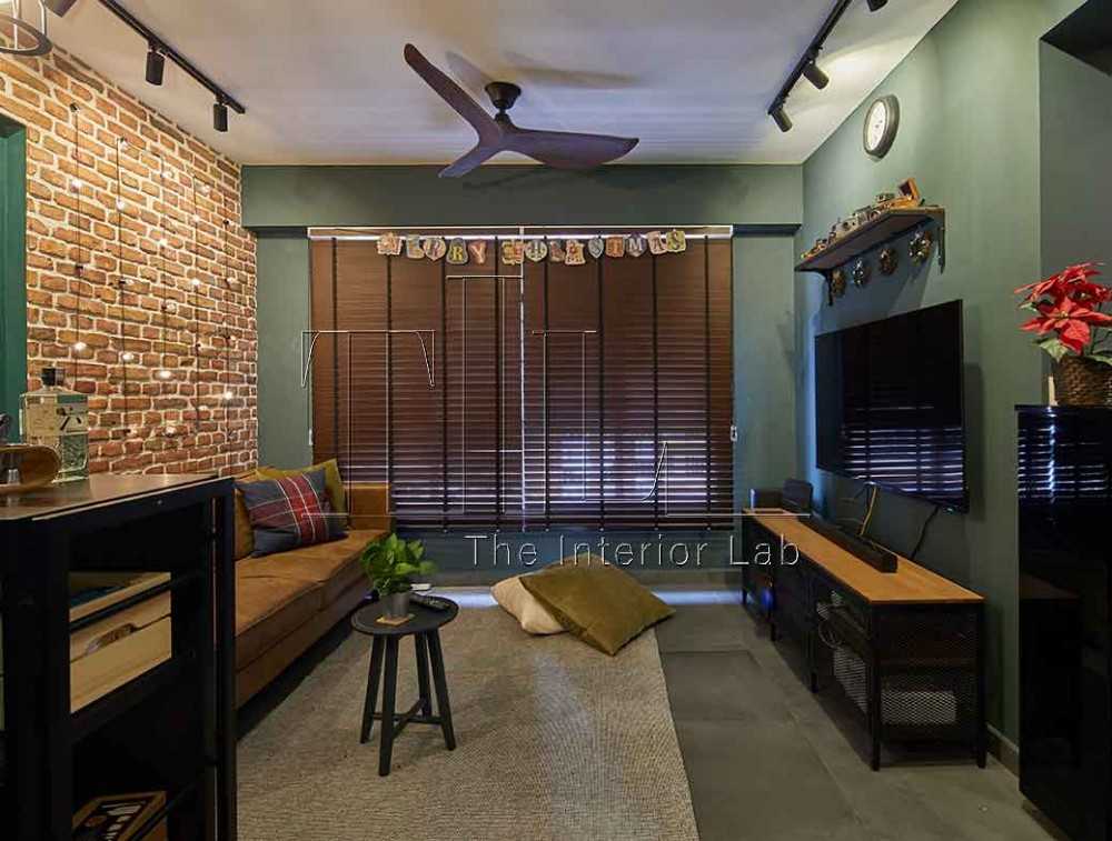 Industrial Living Room with TV Console and Feature Wall