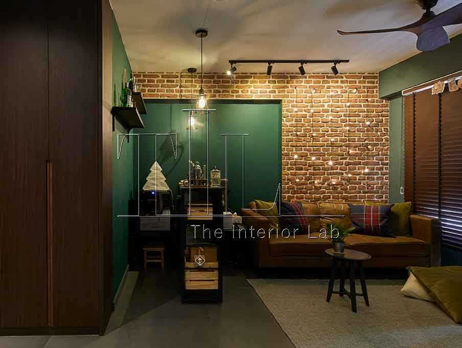 Industrial Living Room with Feature Wall and Bar Counter