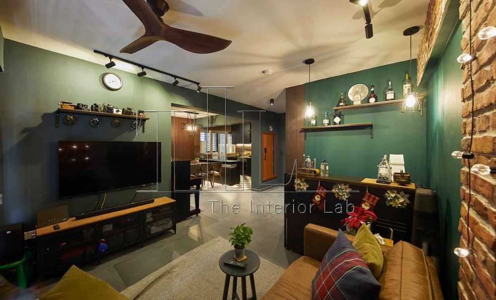 Industrial Living Room with TV Console and Feature Wall