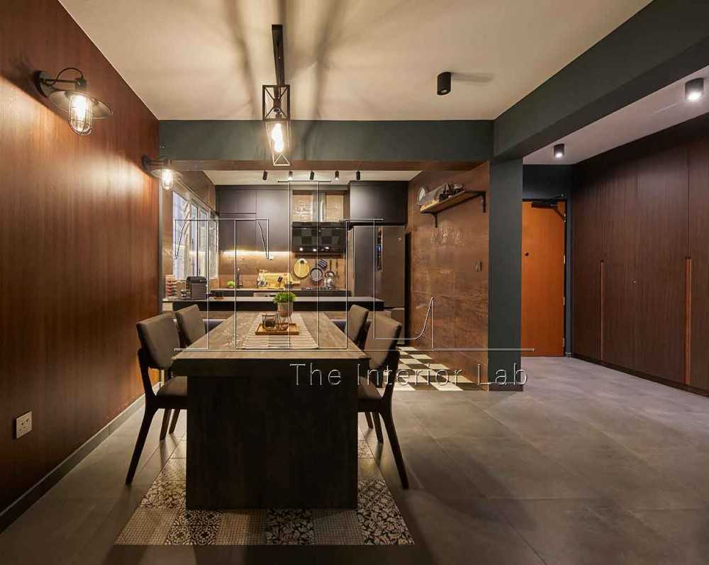 Industrial Dining Room with Kitchen Island and Ceiling Light