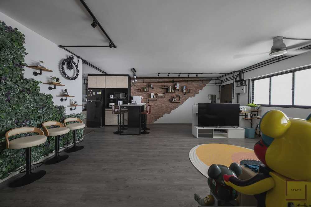 Industrial Living Room with TV Console and Ceiling Light