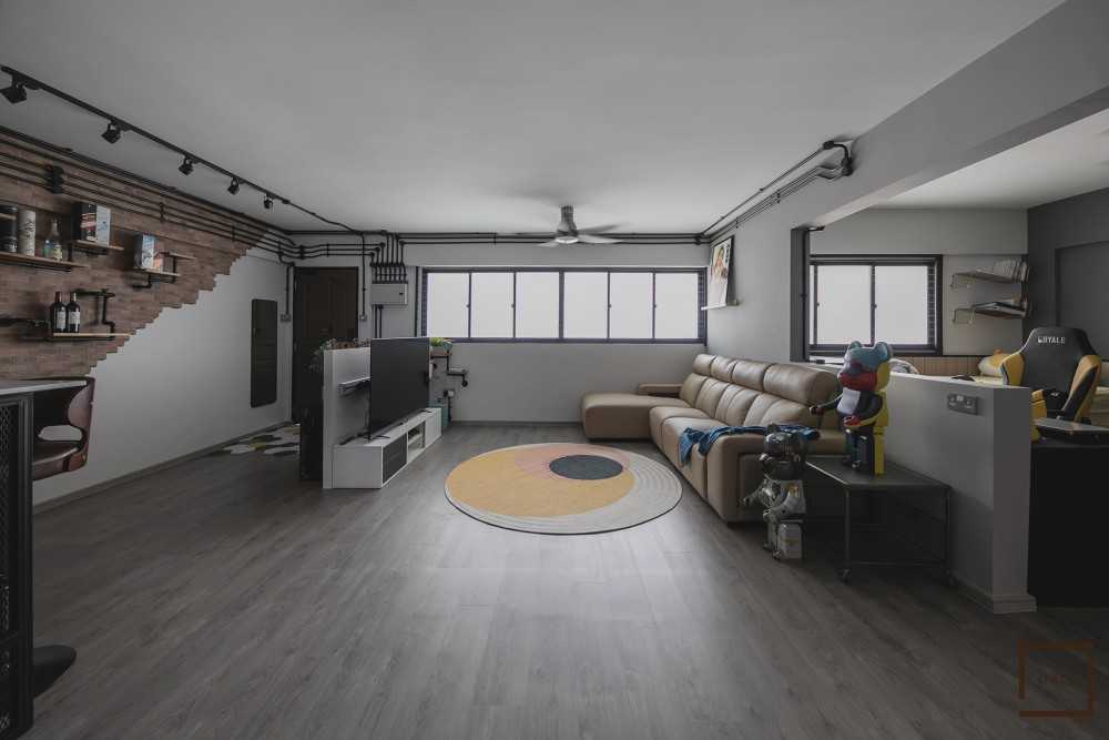 Industrial Living Room with TV Console and Sofa