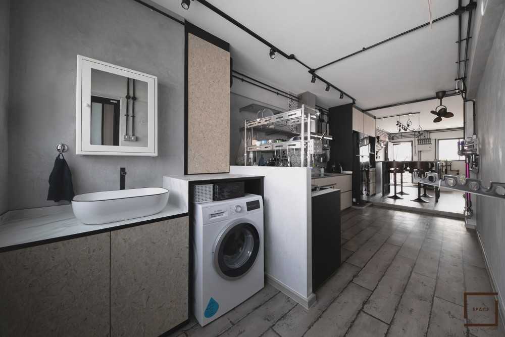 Industrial Kitchen with Kitchen Window and Open Kitchen