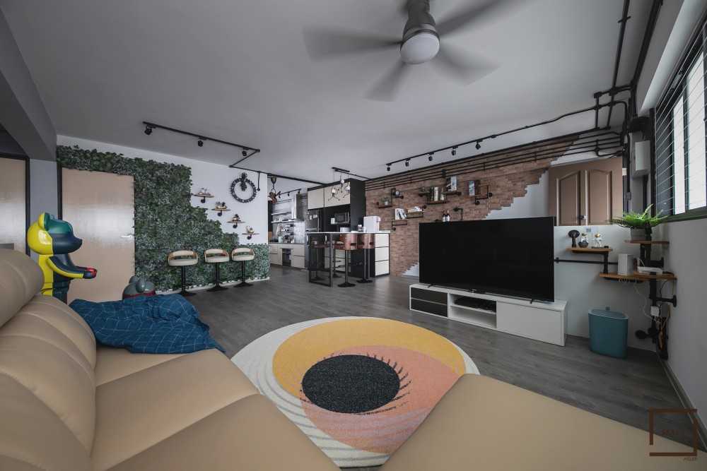 Industrial Living Room with TV Console and Sofa