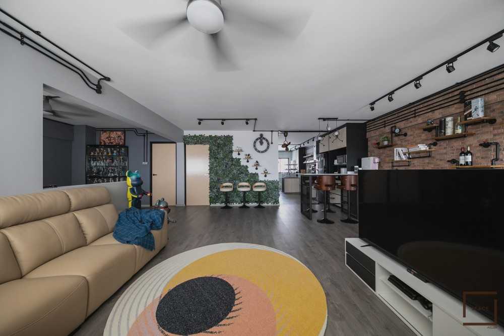 Industrial Living Room with TV Console and Sofa