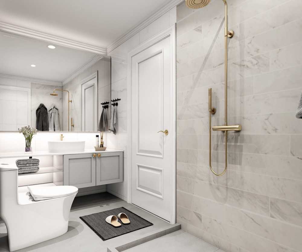 Transitional Bathroom with Homogeneous Tiles and Mirror