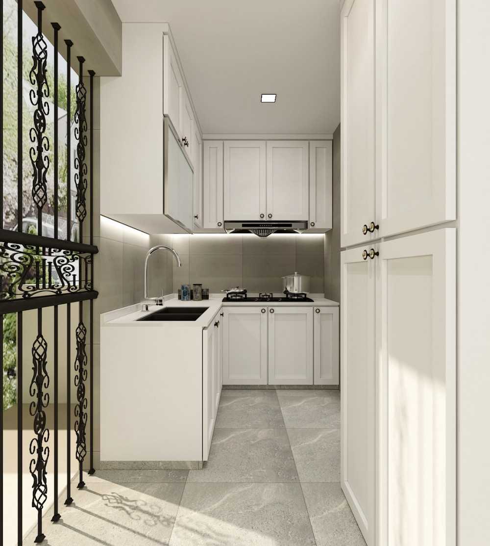 Transitional Kitchen with Countertop and Homogeneous Tiles