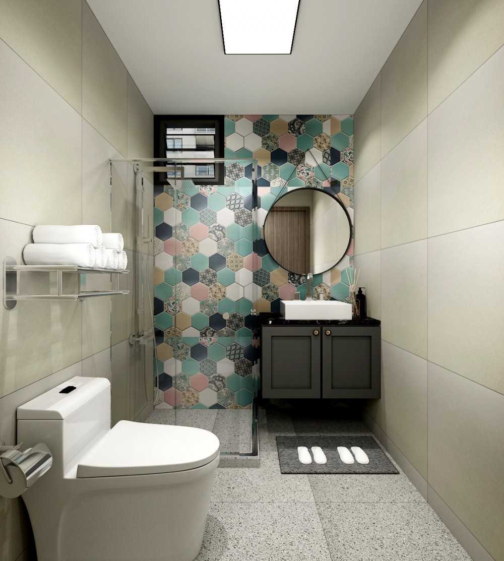 Transitional Bathroom with Homogeneous Tiles and Shower Screen
