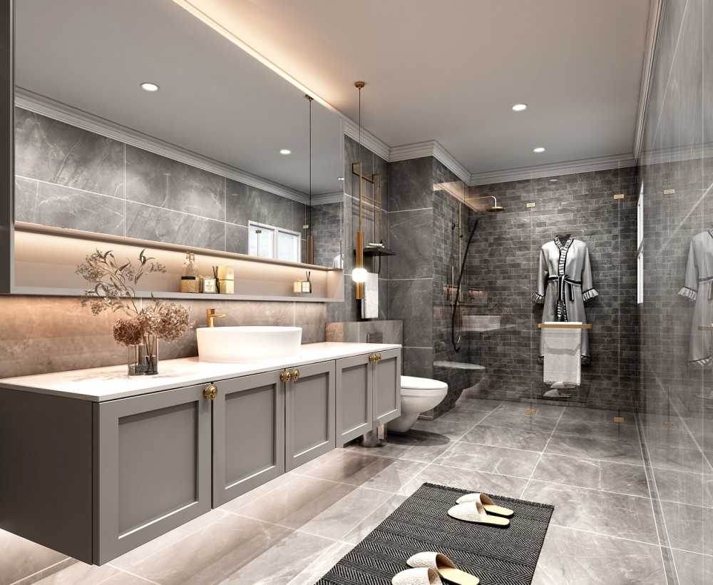 Transitional Bathroom with Homogeneous Tiles and Mirror