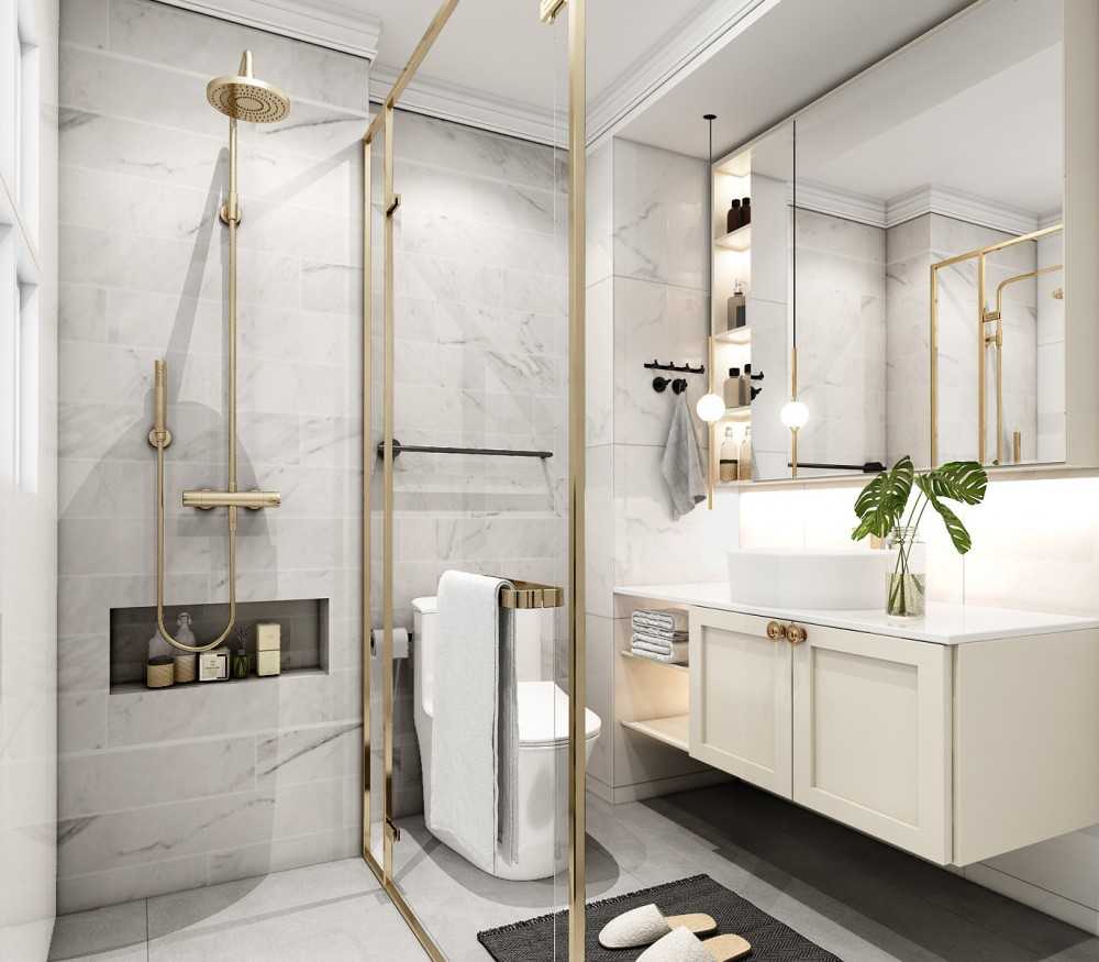 Transitional Bathroom with Homogeneous Tiles and Mirror