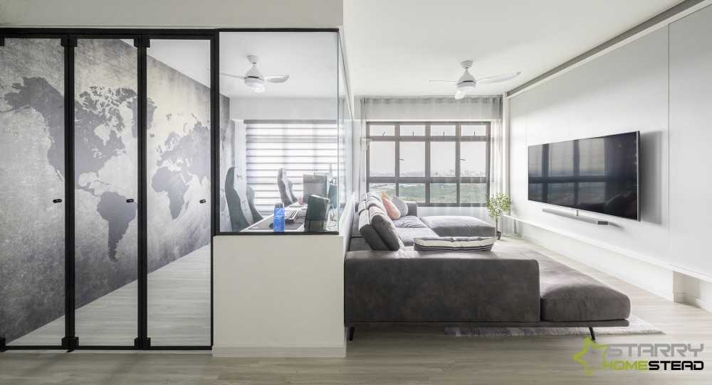 Scandinavian Living Room with Parquet Floor and Carpet