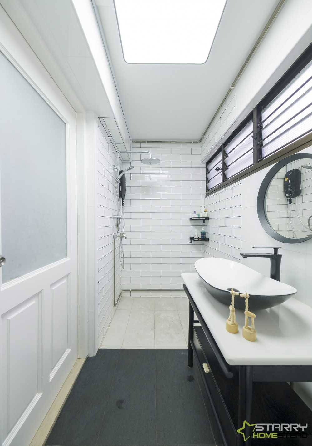 Scandinavian Bathroom with Mirror and Rainshower