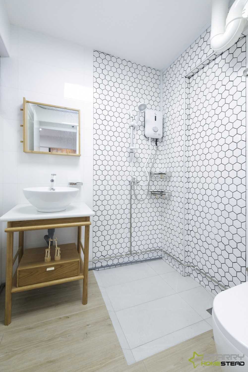 Scandinavian Bathroom with Showers and Flooring