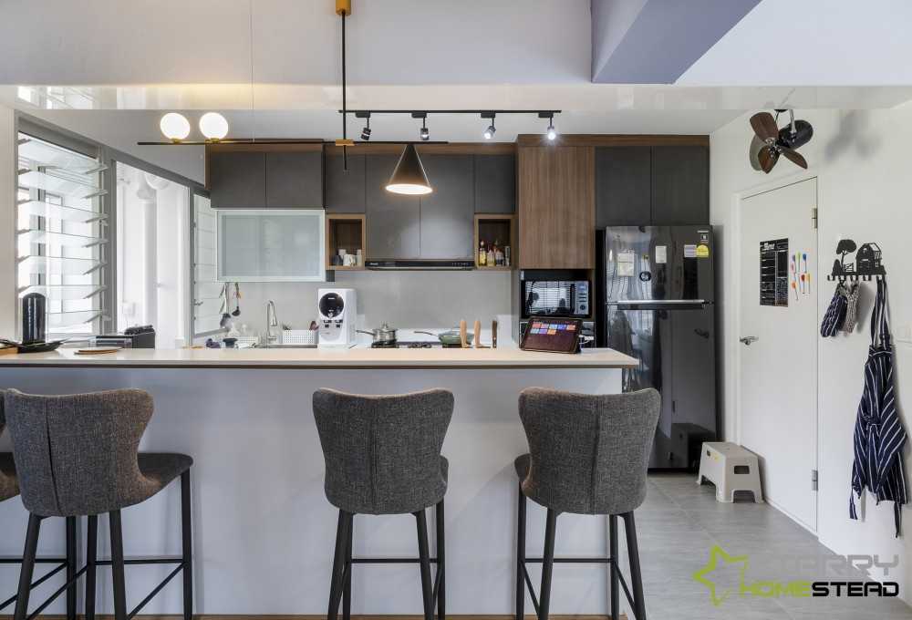 Scandinavian Kitchen with Bar Stool and Refrigerator