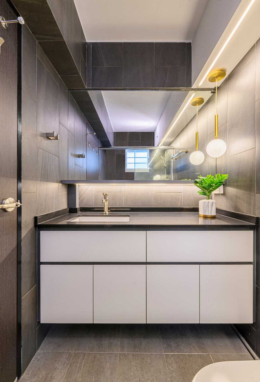 Eclectic Bathroom with Countertop and Herringbone Tiling